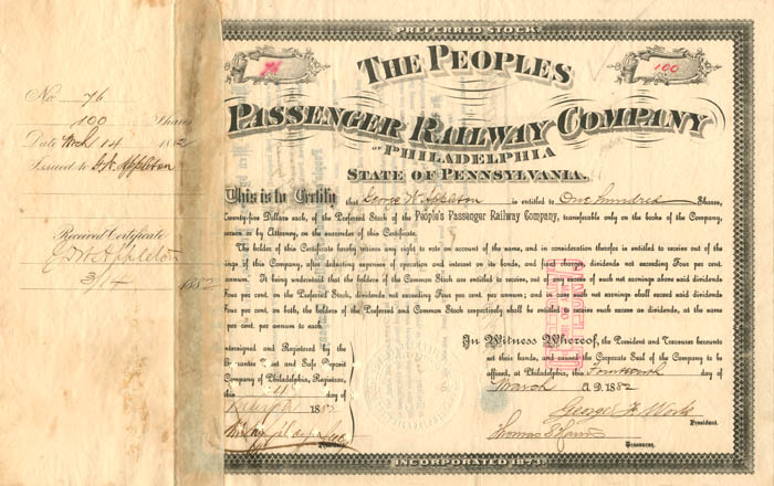 People's Passenger Railway Co. of Philadelphia - Stock Certificate